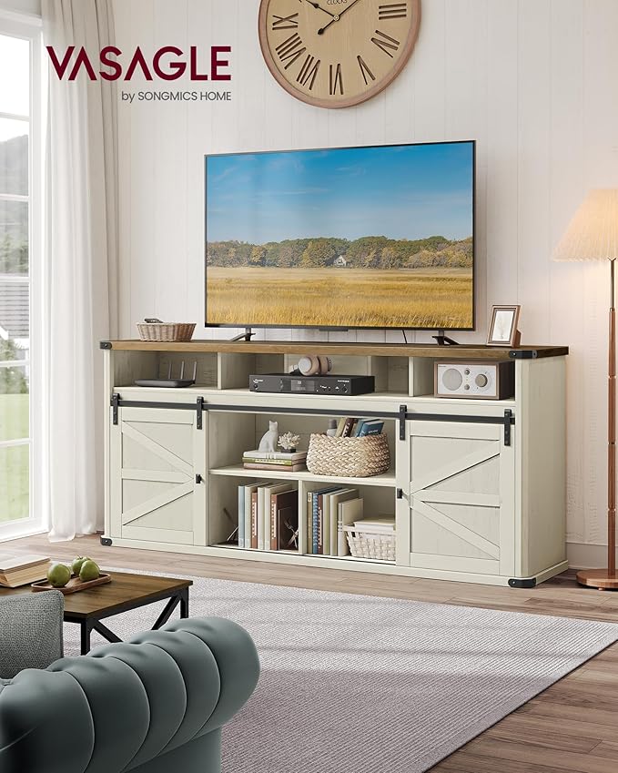 VASAGLE TV Stand for TVs up to 75 Inches, Farmhouse Entertainment Center with Sliding Barn Doors, Console Table for Living Room, Rustic White and Honey Brown ULTV323W02