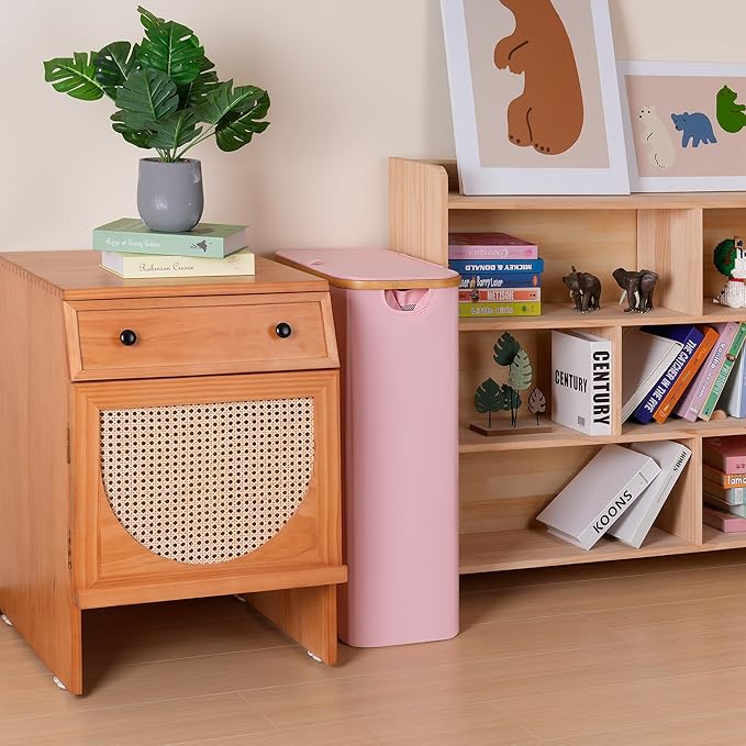 100L Laundry Hamper with Lid, Lagre Basket with Bamboo Handles,Foldable Clothes Hamper Tall Dirty Laundry Basket for Clothes Toys Towels Organizing,Pink