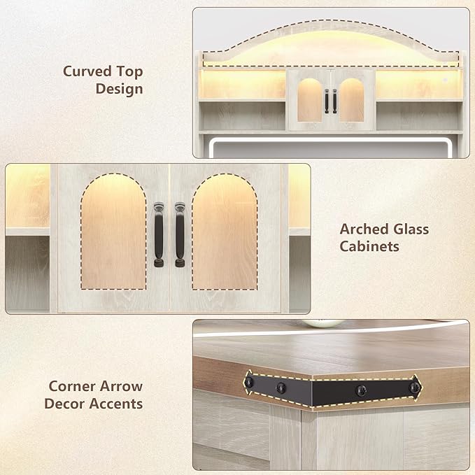 Farmhouse Makeup Vanity with Mirror and Lights 3 Colors, 76.8" Vanity Desk with 5 Drawer,Storage Cabinets,LED Light,Dressing Table with Power Outlets, Storage Shelves,Antique White