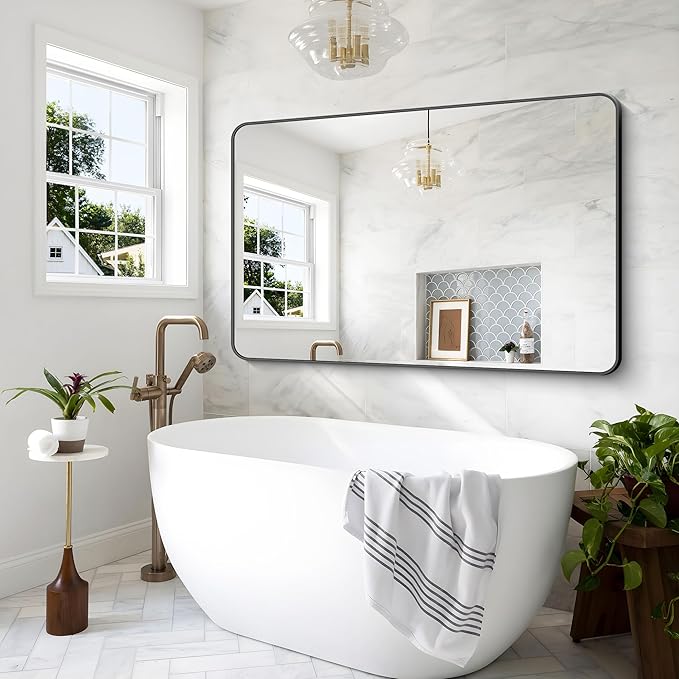 BONEWEI Black Bathroom Mirror,60x40 inch Wall Mirror for Bathroom Wall Mounted,Rectangle Mirror for Bathroom Over Sink,Modern Frame Round Corner for Living Room,Bedroom Entryway,Horizontal/Vertical