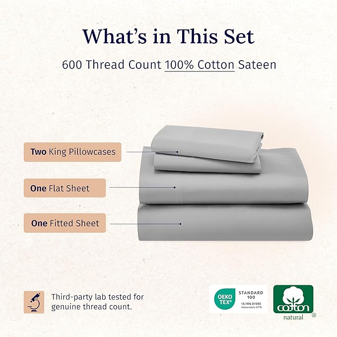 California Design Den Deep Pocket King Sheets Set - Luxury 600 Thread Count 100% Cotton Sateen, King Size Sheet Set with All Around Elastic for a Snug Fit, Hotel Quality Bedding - Light Grey