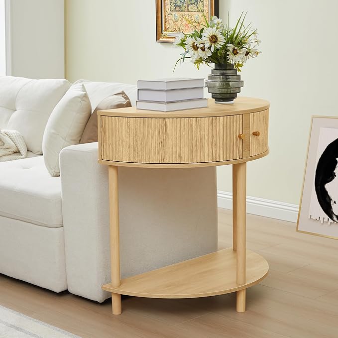 Fluted Half Moon Console Table, Modern Small Entry Table Sofa Table with Storage, Solid Wood Legs Narrow Entryway Table for Living Room, Hallway, Foyer(Natural)