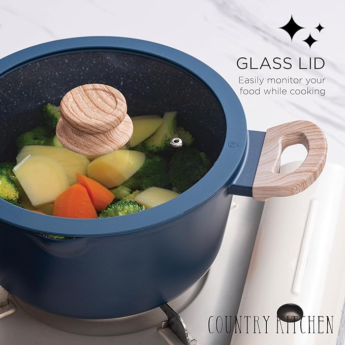 Country Kitchen Non-Stick Cast Aluminum Cookware Set - Durable Kitchen Cookware for Everyday Cooking, Navy Round Handle, 11 Pc.