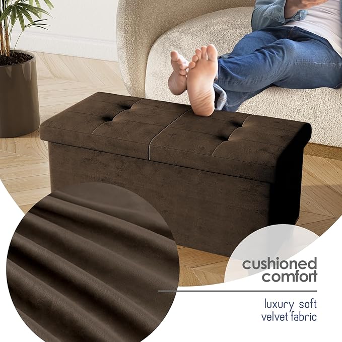 STORAGEBUD Storage Ottoman Bench with Bins, 30-in Storage Bench for Bedroom End of Bed, Folding Foot Rest Ottoman for Living Room Max 660lbs, Velvet Ottomans, Brown