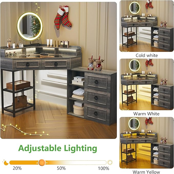 Corner Vanity Desk with Lighted Rotating Mirror and Lights, Glass Top Makeup Vanity with Corner Shelf&5 Drawers, Girls Vanitys with Charging Station,Jewelry Organizers for Bedroom,Brown