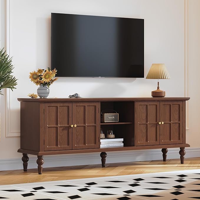 3More 67" Mid Century Modern TV Stand with Window Design,Wood Entertainment Center with Open Shelf,Up to 70" Media TV for Living Room or Bedroom,Walnut