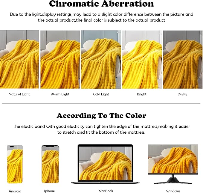 NEWCOSPLAY Faux Fur Throw Blanket Mustard Yellow Bubble Blanket Thick Warm Soft for Couch Sofa Bed 550GSM (Mustard Yellow, Throw(50"x60"))