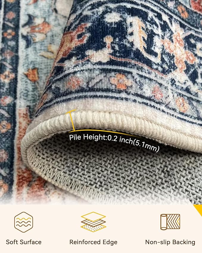 Area Rugs 6'x8' Washable Non-Slip, Floral Vintage Distress Print Pattern Medallion Carpet for Living Room Bedroom Dining Room, Beige Navy Blue Orange Colorful