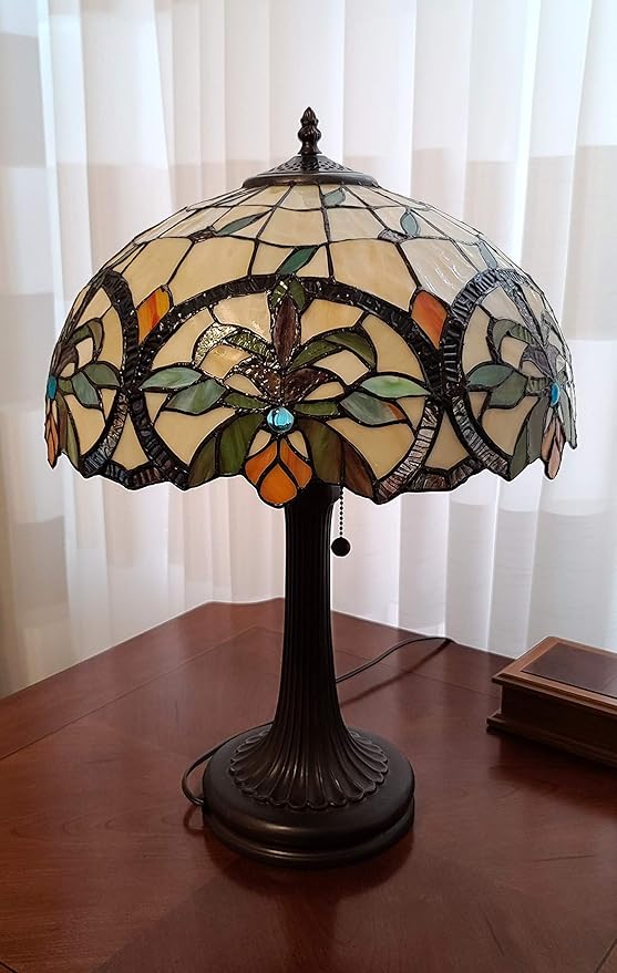 Tiffany Style Table Lamp Banker 23" Tall Stained Glass Green Tan Orange Yellow Floral Flower Vintage Antique Light Décor Living Room Bedroom Handmade Gift AM313TL16B Amora Lighting