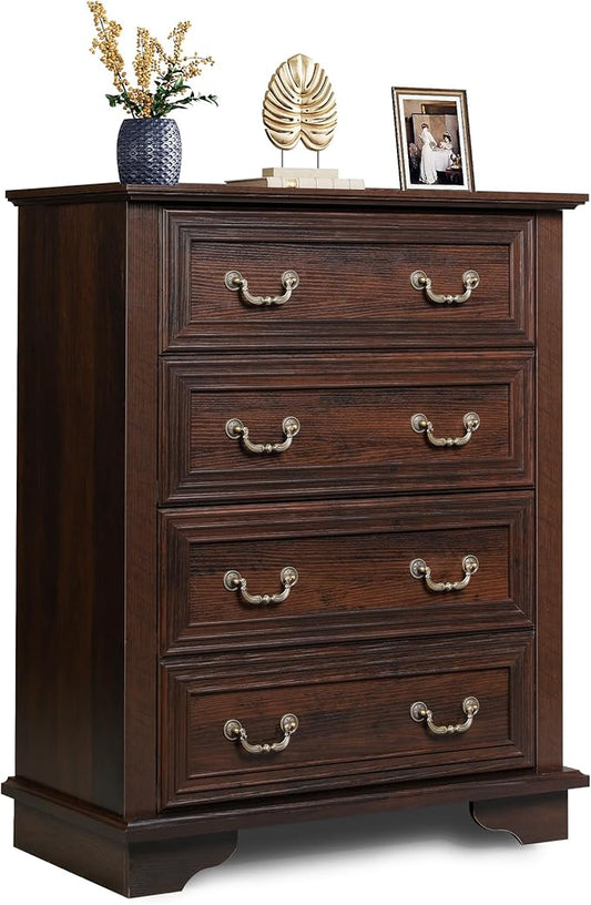 WLIVE Farmhouse Dresser for Bedroom, Tall Wood Dresser with 4 Drawers, Chest of Drawers with Roman Metal Handle for Living Room, Hallway, Closet, Rustic Brown