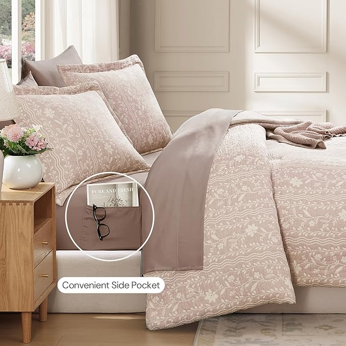 King Comforter Set -7 Pieces Almond Pink Floral Comforter Set for All Seasons, Bed in a Bag King with Botanical Flowers Comforter, Sheets, Pillowcases & Shams