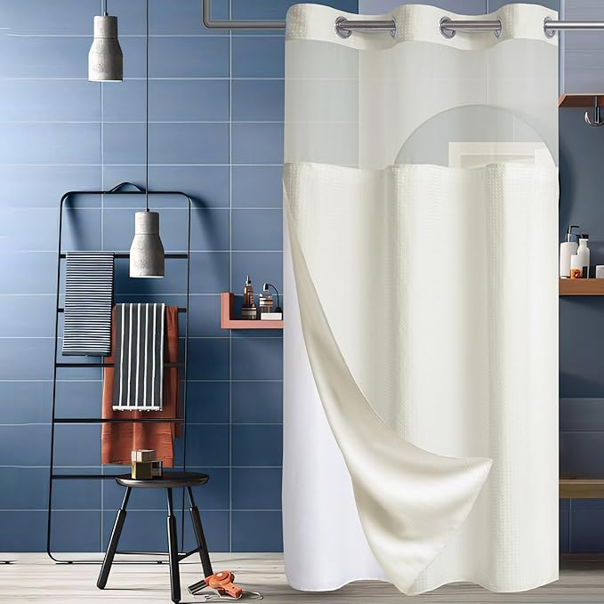 Conbo Mio Stall No Hook Waffle Weave Shower Curtain with Snap in Liner Set, Hotel Luxury Beige Shower Curtains for Bathroom with See Through Top Window, Waterproof, Washable 36W x 74H