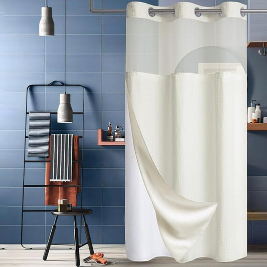 Conbo Mio Stall No Hook Waffle Weave Shower Curtain with Snap in Liner Set, Hotel Luxury Beige Shower Curtains for Bathroom with See Through Top Window, Waterproof, Washable 36W x 74H