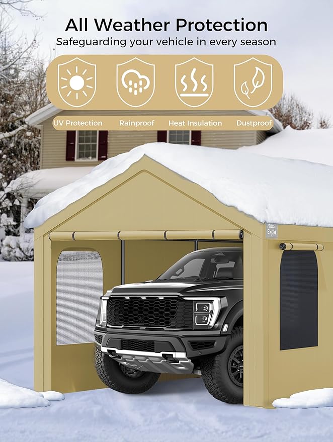 Carport, 12 x 20 FT Portable Garage Heavy Duty, Carport Canopy with Sidewalls Roll-Up Door & Windows, Car Port Canopy Tent Reinforced with Extended Skirt for Truck, Boat, Car Shed (Khaki)