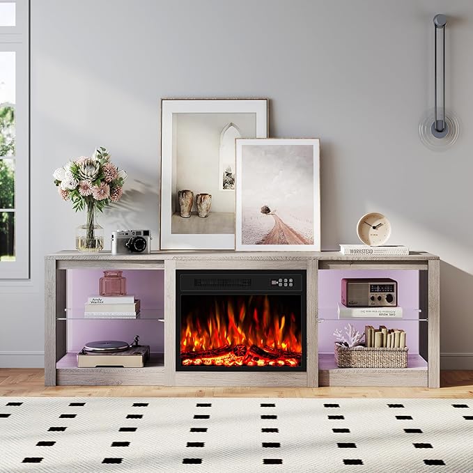 Ludatido 70 Inch Fireplace TV Stand with 23" Fireplace Insert, Entertainment Center with 14-Color LED Lights, Open Storage, Adjustable Glass Shelves, Gray TV Stand for Living Room Fits up to 80" TVs