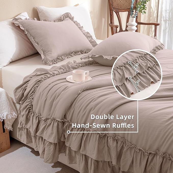 QSH Shabby Ruffled Comforter Set 3 Pieces, Lightweight Taupe Bed Comforter,Microfiber Inner Fill Bedding King Size