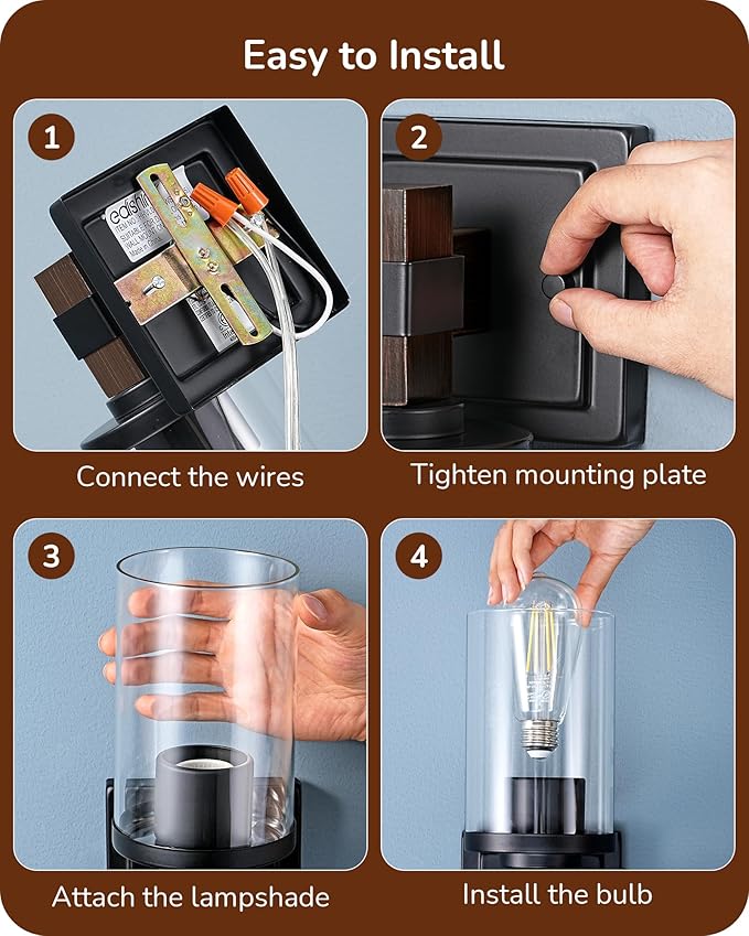 EDISHINE Wall Sconces Set of 2, Farmhouse Vanity Light Fixtures with Clear Glass Shade & Dark Brown Wood Grain Paint, 1-Light Wall Mount Lamp for Bathroom, Hallway, Living Room, Mirror, Kitchen