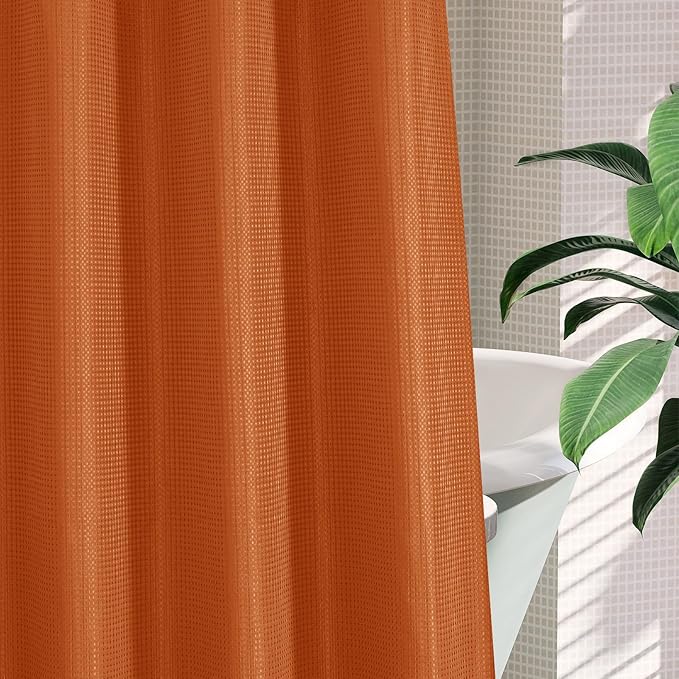 MitoVilla Orange Waffle Small Stall Shower Curtain 36 x 74, No Hooks Required Half Size Narrow Fabric Cloth Shower Curtain Set with Snap-in Liner for Modern Bathroom Decor, Burnt Orange