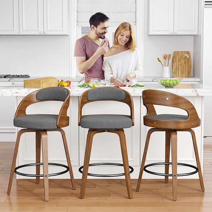 Swivel Bar Stools Set of 4, 26" Counter Height Bentwood Barstool, Mid-Century Modern Upholstered Fabric Bar Chair with Back and Footrest, for Kitchen Island, Bar, Cafe, Dining Room, Grey Linen