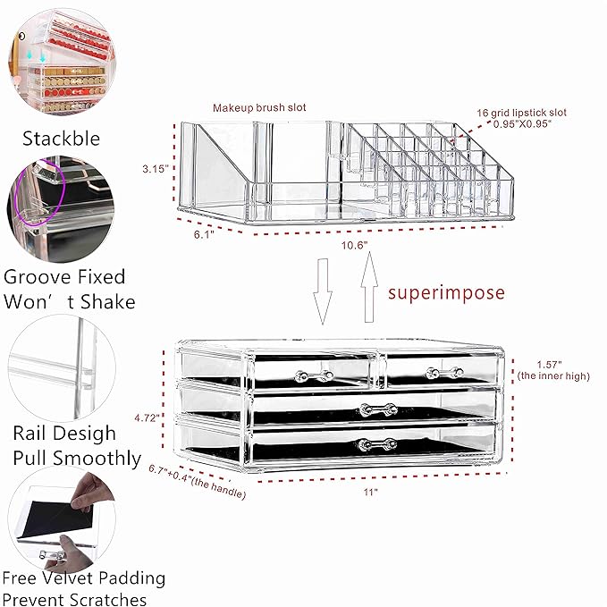 Cq acrylic 2 Pack Clear Make Up Organizer Countertop,Stackable 4 Drawers Makeup Storage,Cute Vanity Organizers for Dresser Hair Clip,Jewelry,Beauty Product Desk and Bathroom Organizers and Storage