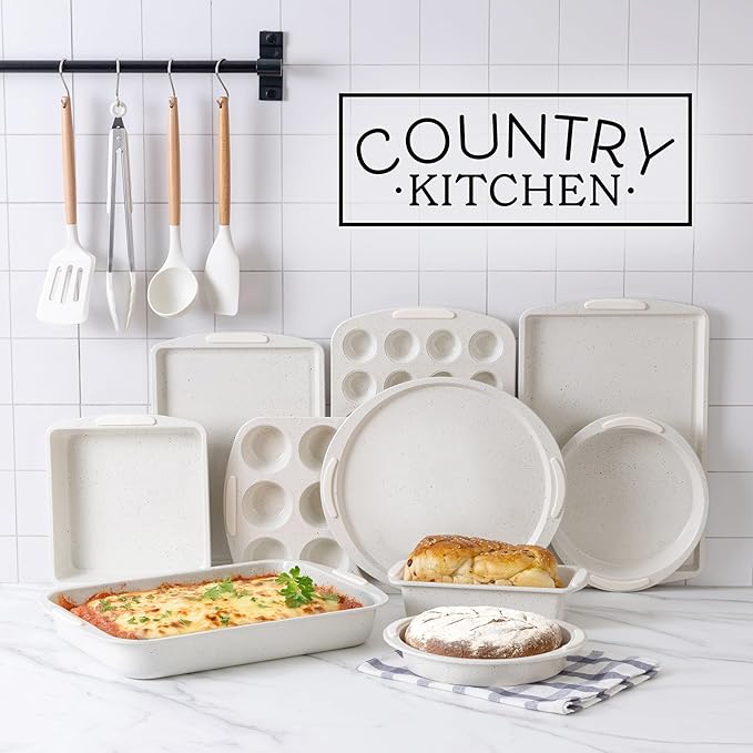 Country Kitchen Nonstick Stackable Bakeware Set - Durable, Easy Release Baking Set, Cream, 14 Pcs