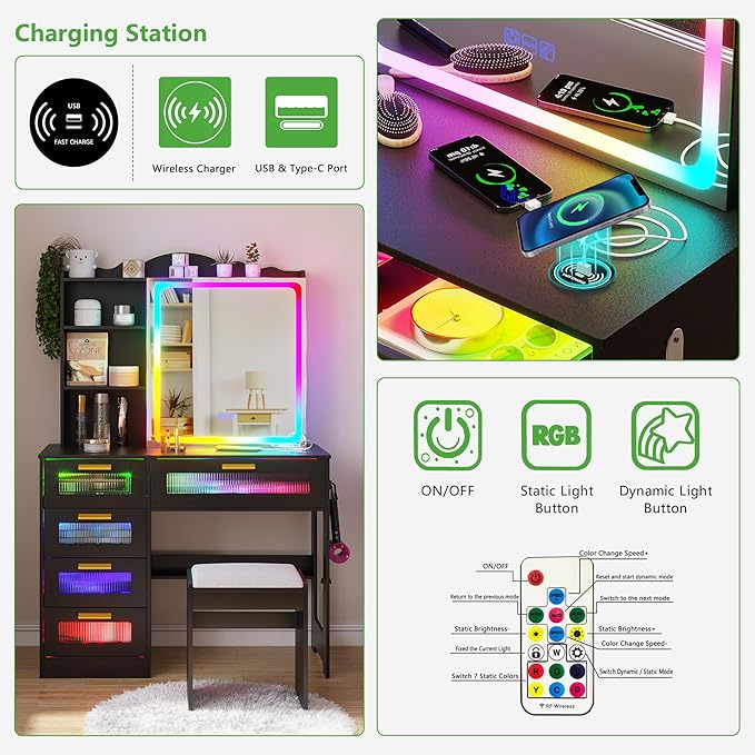 HNEBC Vanity Desk with Sliding Mirror and LED Lights, RGB Vanitys with Charging Station, Makeup Vanitys with Remote Control, White Dresser with Stool/Lager Drawers for Bedroom (Black)
