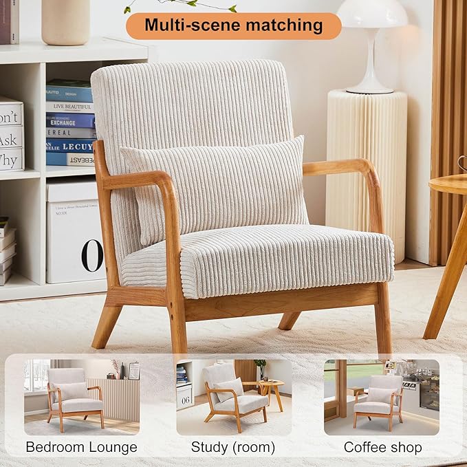 IKIFLY Mid Century Modern Accent Chair with Pillow, Upholstered Lounge Armchair with Solid Wood Frame, Reading Chair with Lumbar Cushion for Living Room, Office, Reading Room, Bedroom - Beige