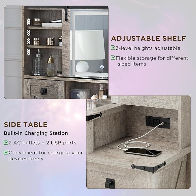 T4TREAM 48'' Farmhouse Makeup Vanity Desk with Sliding HD Mirror and Lights, Big Modern Lighted Vanity Table with 7 Drawers & Shelves, Rustic Large Dressing Table for Bedroom, Light Rustic Oak