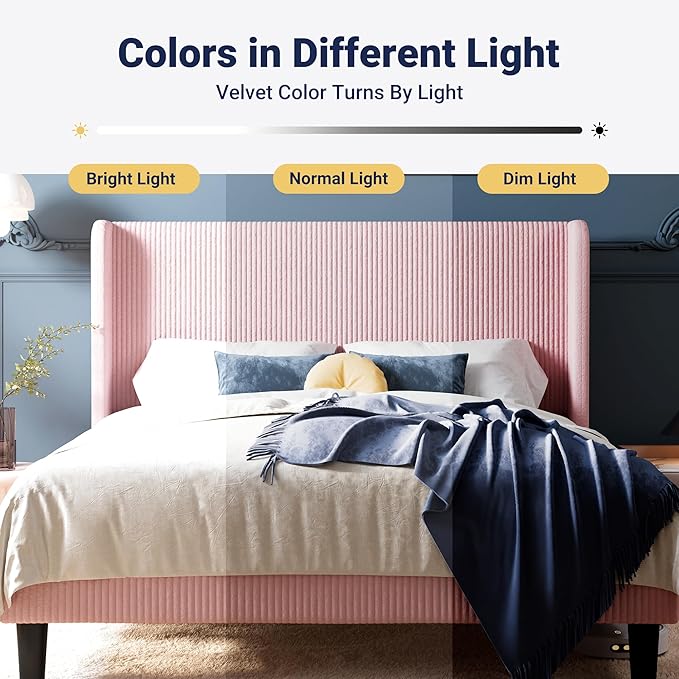 Allewie Queen Size Bed Frame with Upholstered Wingback Headboard, Vertical Channel Tufted Corduroy Velvet Platform Bed, Strong Wooden Slats Support, No Box Spring Needed, Easy Assembly, Light Pink