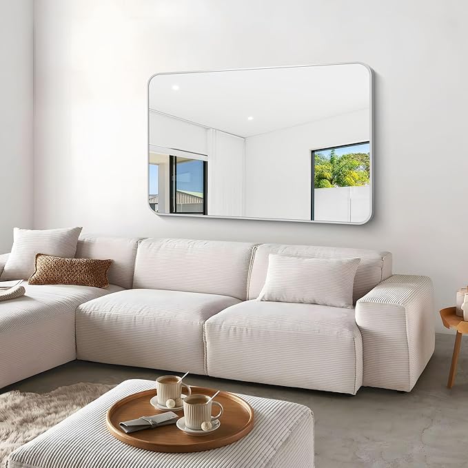 BONEWEI Silver Bathroom Mirror,55x36 inch Wall Mirror for Bathroom Wall Mounted,Rectangle Mirror for Bathroom Over Sink,Modern Frame Round Corner for Living Room,Bedroom Entryway,Horizontal/Vertical