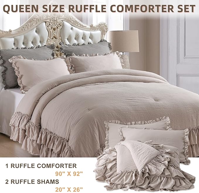 QSH Ruffled Comforter Set Queen Size, 3pcs Taupe Shabby Boho Chic Bedding Comforter Sets, Ultra Soft Farmhouse Lightweight Microfiber Inner Fill Bed Comforter Set