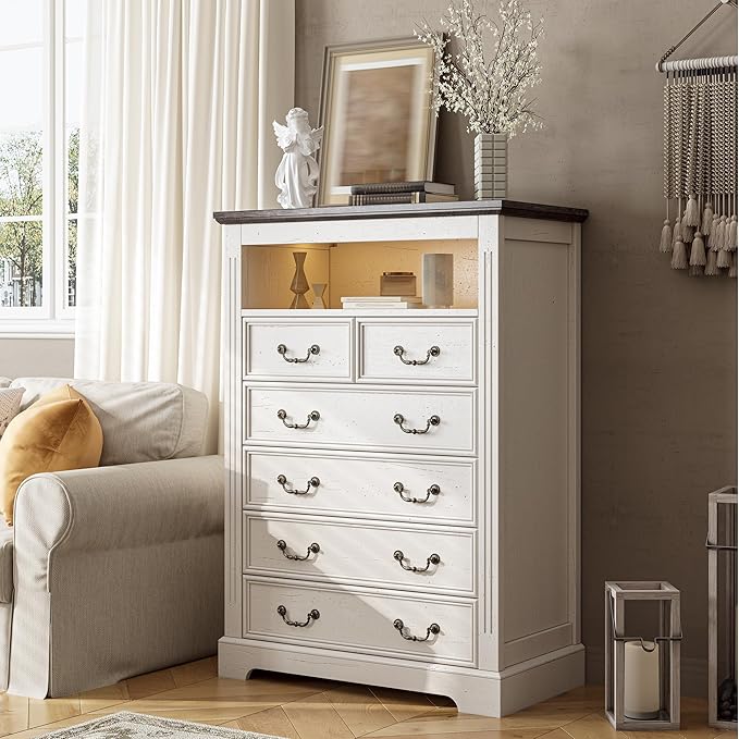 EnHomee Farmhouse 6 Drawer Dresser for Bedroom LED Light & Power Outlets, 48" H Wood Dressers & Chests of Drawers with Natural Texture, Hallway, Antique White