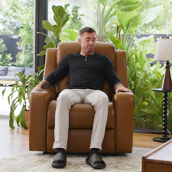 Watson & Whitely Genuine Leather Power Recliner Chairs for Adults, Lay Flat Recliner with Power Headrest, USB Ports and Cup Holders, Electric Reclining Sofa for Living Room, Bedroom, Saddle Brown