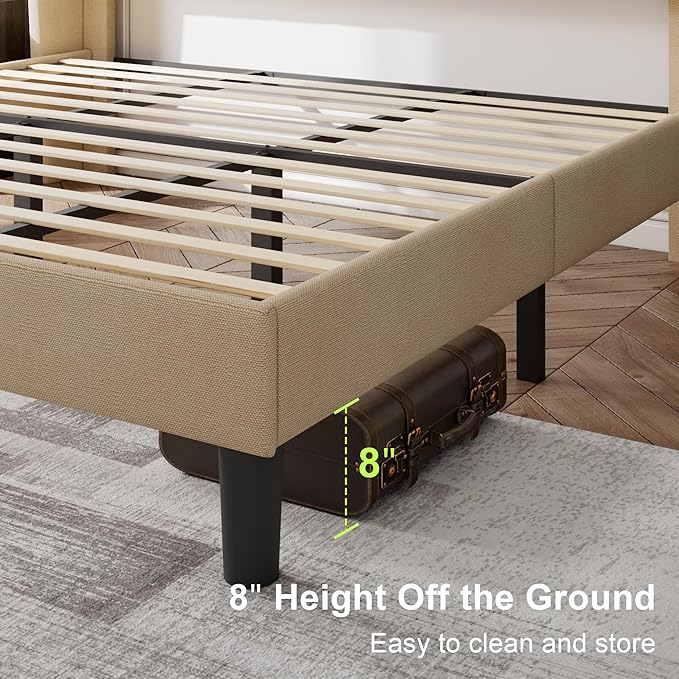 Feonase King Size Bed Frame with Wingback Tufted Headboard, Upholstered Platform Bed Frame with Heavy Duty Wooden Slats Support, Noise-Free, No Box Spring Needed, Easy Assembly, Beige