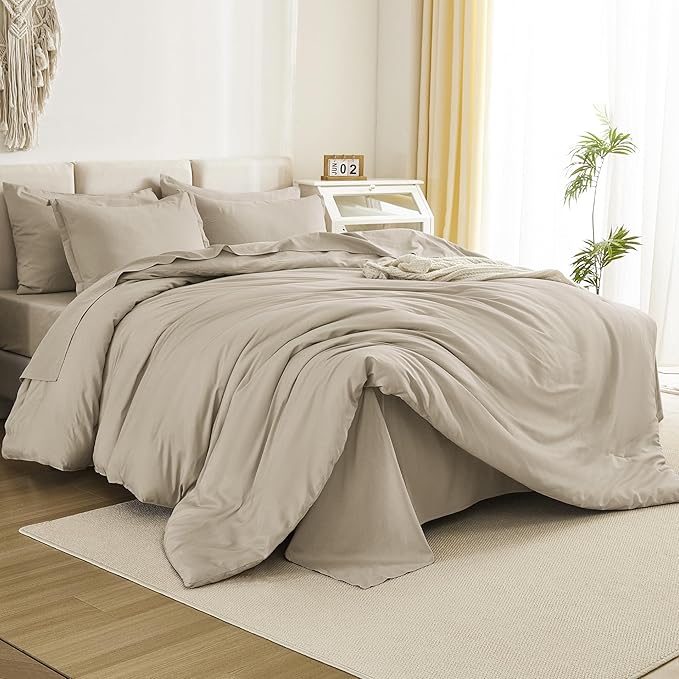 Litanika Comforter California King Size Set Oatmeal - 7 Pieces Bed in a Bag California King Bedding Comforter Set, Plain Lightweight Bed Set with Comforter, Sheets, Pillowcases & Shams
