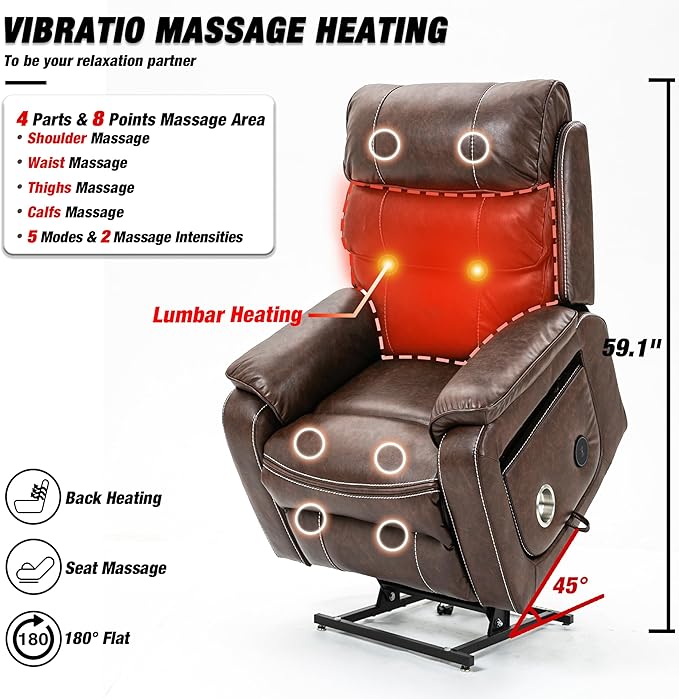 Lazy Boy Recliner Chair with Heating, Power Lift Recliner Chair for Elderly with Folding Tablet, Lay Flat Recliner with Dual Motor Adjustable Backrest and Leg Rests, Leather Brown1, RXX-028