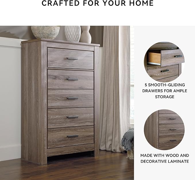 Signature Design by Ashley Zelen Rustic Contemporary 5 Drawer Chest of Drawers, Warm Gray