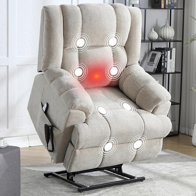 Power Lift Recliner Chair with Massage and Heat for Elderly People, Dual Motor Electric Lift Chair with Power-Remote, Medium-Firm and Heavy Duty, Chenille Fabric - Beige