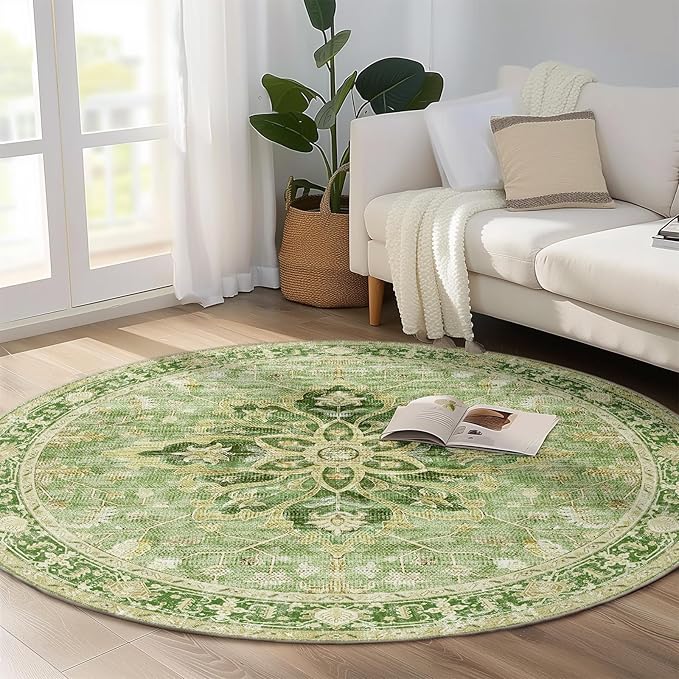 Area Rugs 5ft Washable Non-Slip, Floral Vintage Distress Print Pattern Medallion Carpet for Living Room Bedroom Dining Room, Sage Green Yellow