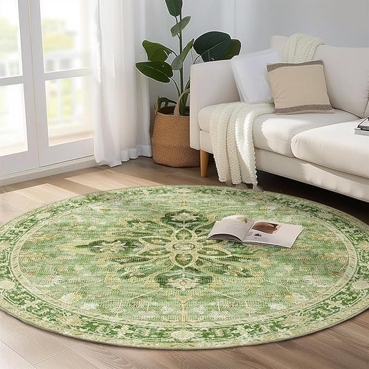 Area Rugs 5ft Washable Non-Slip, Floral Vintage Distress Print Pattern Medallion Carpet for Living Room Bedroom Dining Room, Sage Green Yellow