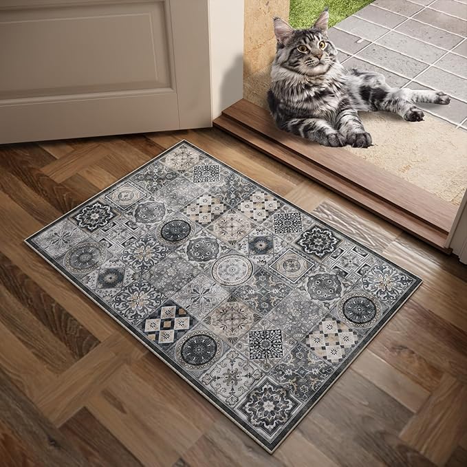 Washable 2'x3' Non Slip Rug Vintage Soft Low Pile Lightweight Small Area Rugs for High-Traffic Areas (Entryway, Kitchen, Hallway), Farmhouse Decor