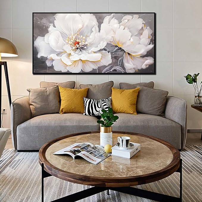 White Flower Wall Decor - Canvas Wall Art for Bedroom Women - Black Framed Wall Art Size 29" x 59"