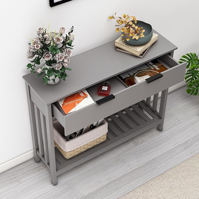 Entryway Table Console Table with Drawer and Storage Shelf, Narrow Sofa Table Entrance Enter Way Hallway Foyer Behind Couch Table (Gray with Drawer)