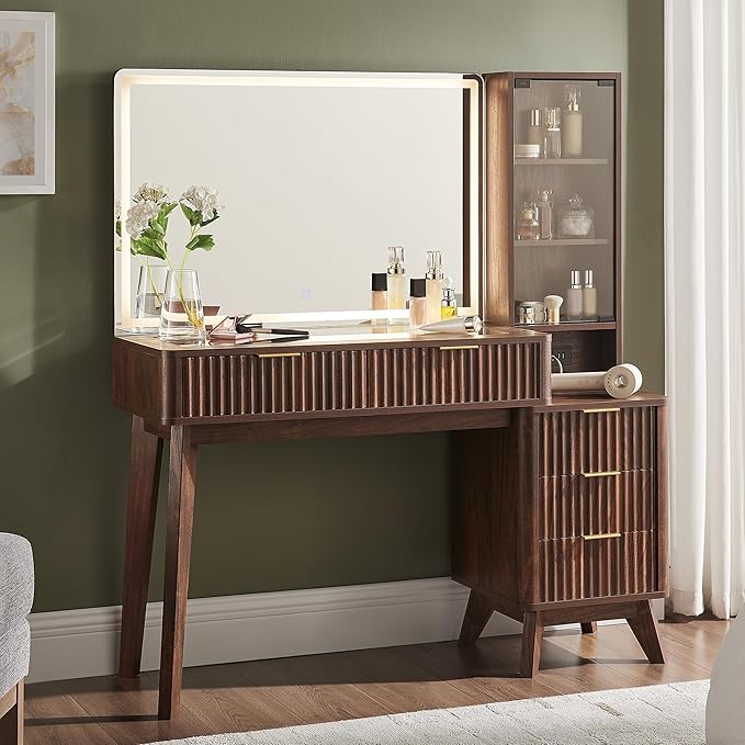 T4TREAM 48" Fluted Makeup Vanity Desk with Large 36" Mirror and Lights, Modern Glass Top Big Vanity Table w/5 Drawers & Adjustable Shelves, Dressing Table w/Charging Station for Bedroom, Dark Walnut