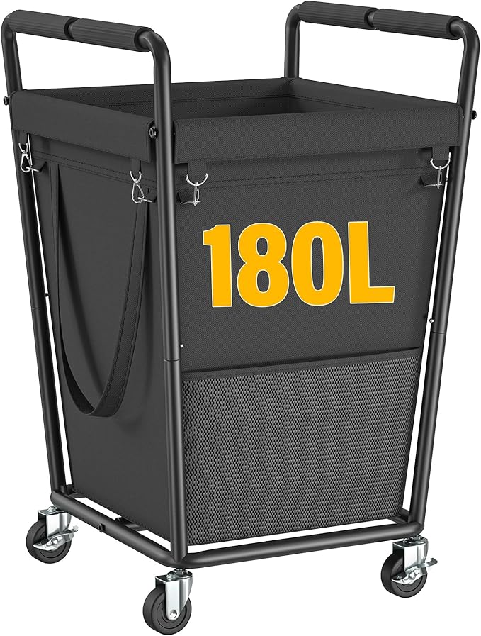 Laundry Basket with Wheels & Handles, 180L Laundry Cart with Removable Bag & Metal Frame for Clothes Storage, Laundry Room Organization Rolling Hamper with Wheels For Laundry, Dorm (Black)