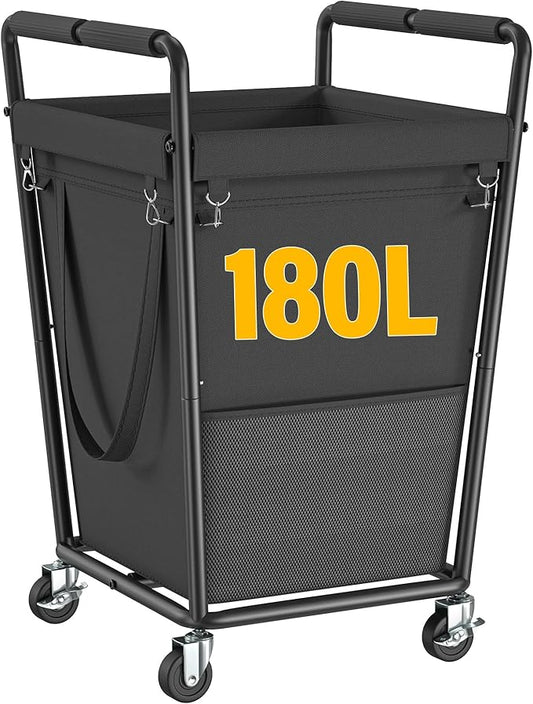 Laundry Basket with Wheels & Handles, 180L Laundry Cart with Removable Bag & Metal Frame for Clothes Storage, Laundry Room Organization Rolling Hamper with Wheels For Laundry, Dorm (Black)