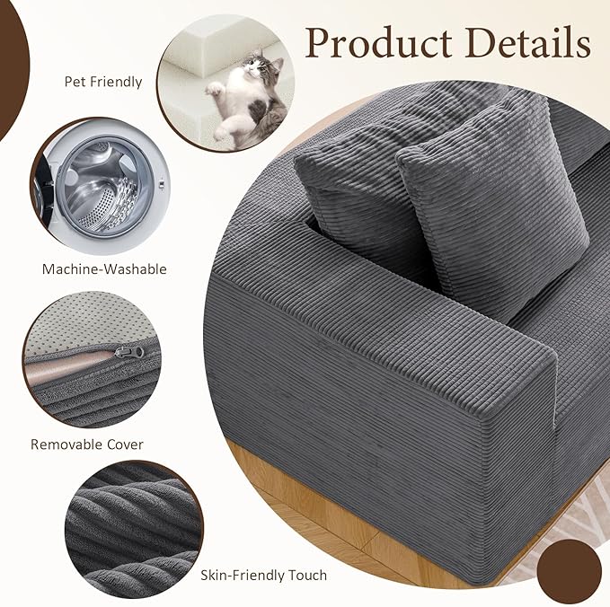 INGEROOM 108" Cloud Sectional Couch with L-Shape Chaise, Modular Sofa Memory Foam, Boneless Sofa with Movable Ottoman, Upholstered Couches for Living Room Bedroom, No Assembly Required, Dark Gray