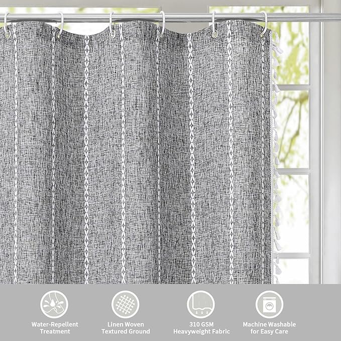 MitoVilla Dark Grey Boho Shower Curtains for Modern Farmhouse Bathroom Decor, Country Thick Polyester Linen Fabric Shower Curtain, Rustic Tassel Cloth Shower Curtain, 72 x 72, Charcoal Grey