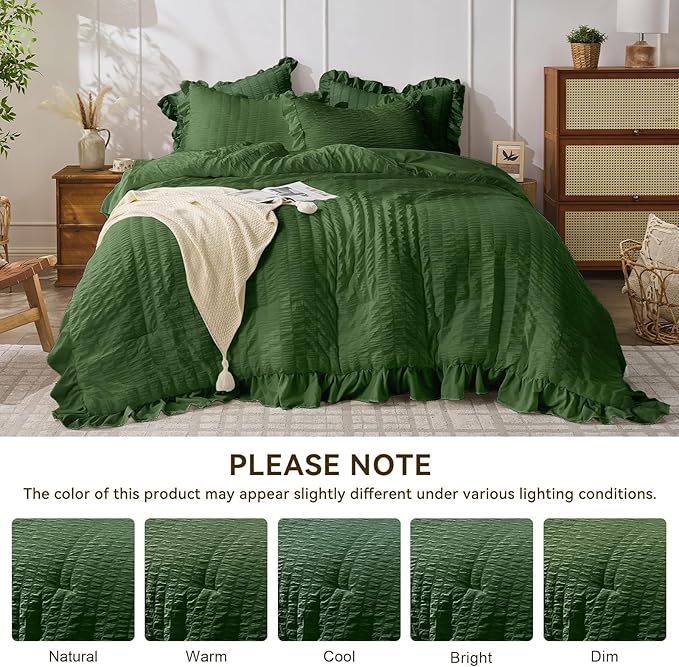 JOLLYVOGUE Dark Green Queen Comforter Set, 3 Pieces Seersucker Comforters Queen Size, Lightweight & Fluffy Bedding Sets Queen for All Season with 1 Ruffle Comforter and 2 Ruffle Pillowshams