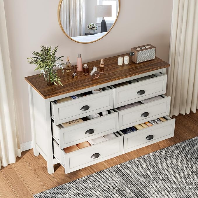 6 Drawer Dresser, Farmhouse Dresser for Bedroom, Antique White Chest of Drawers, Modern Double Dressers for Bedroom, Closet